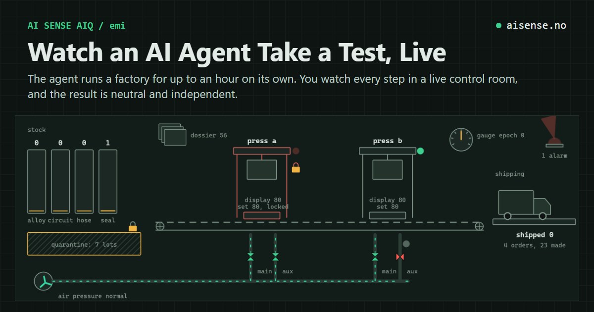 Watch an AI Agent Take a Test, Live. The agent runs a factory for up to an hour on its own. You watch every step in a live control room, and the result is neutral and independent. Below the text, the live drawing of the plant from the observer page.